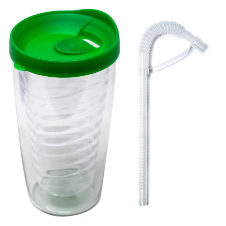 Avalon 14oz plastic tumbler with green lid and straw
