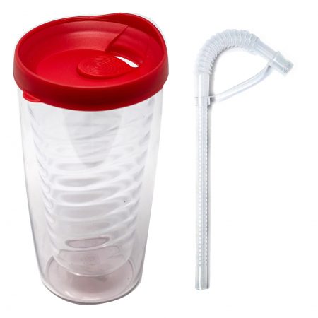 Avalon 14oz plastic tumbler with red lid and straw