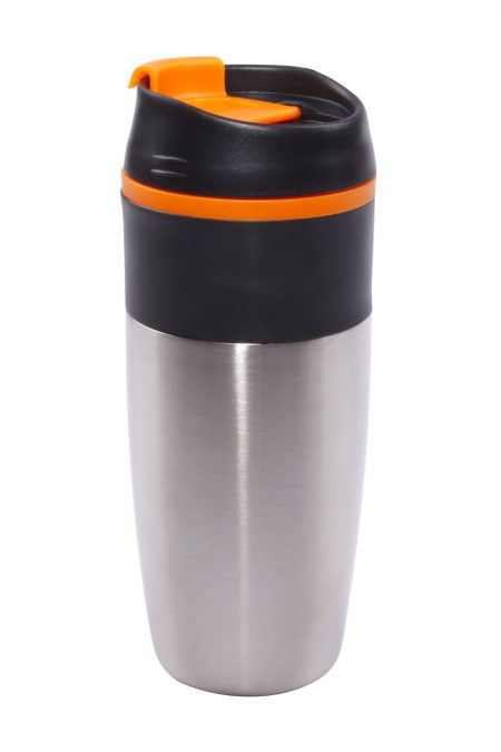 Bandit 16oz tumbler with lid and orange accents