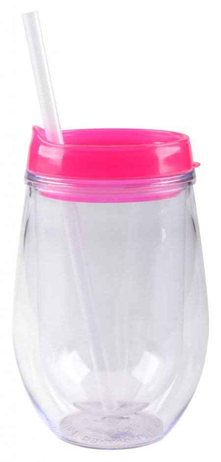 Bev/Go: 10oz Vacuum-Insulated cup with pink lid and straw