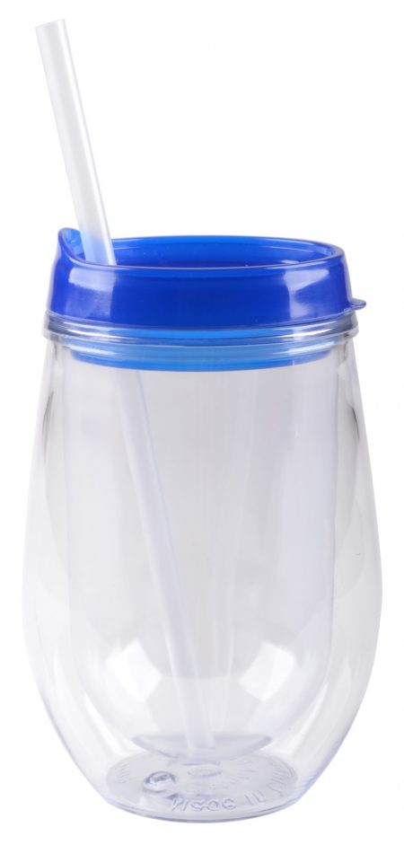 Bev/Go: 10oz Vacuum-Insulated cup with blue lid and straw