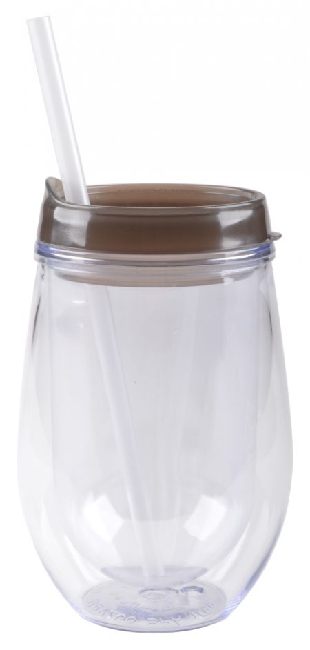 Bev/Go: 10oz Vacuum-Insulated cup with grey lid and straw