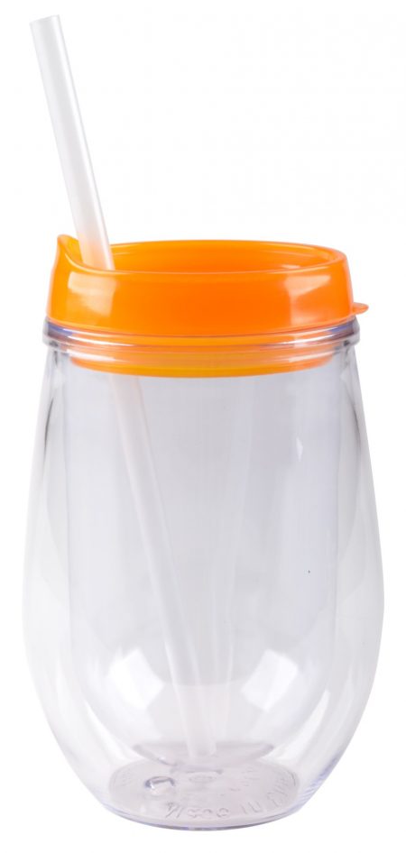 Bev/Go: 10oz Vacuum-Insulated cup with orange lid and straw