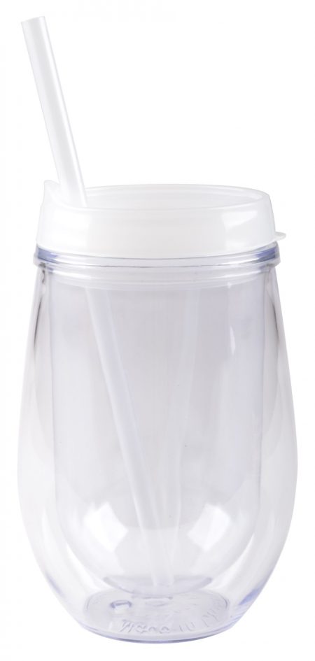 Bev/Go: 10oz Vacuum-Insulated cup with white lid and straw