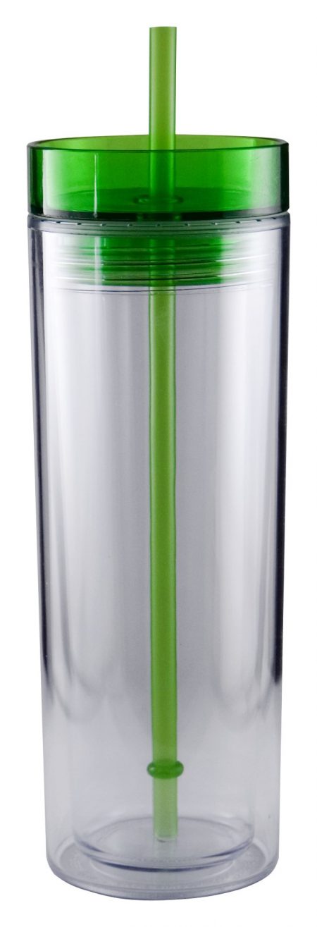 Breeze 16oz cylinder plastic tumbler with green straw and lid