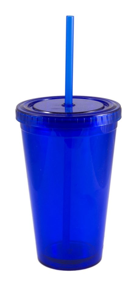 Blue Journey 16oz plastic tumbler with lid and straw