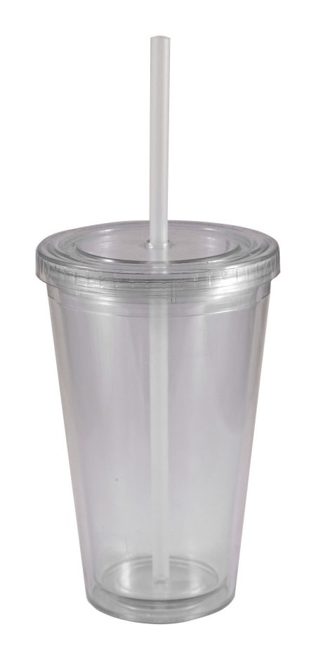 Clear Journey 16oz plastic tumbler with lid and straw