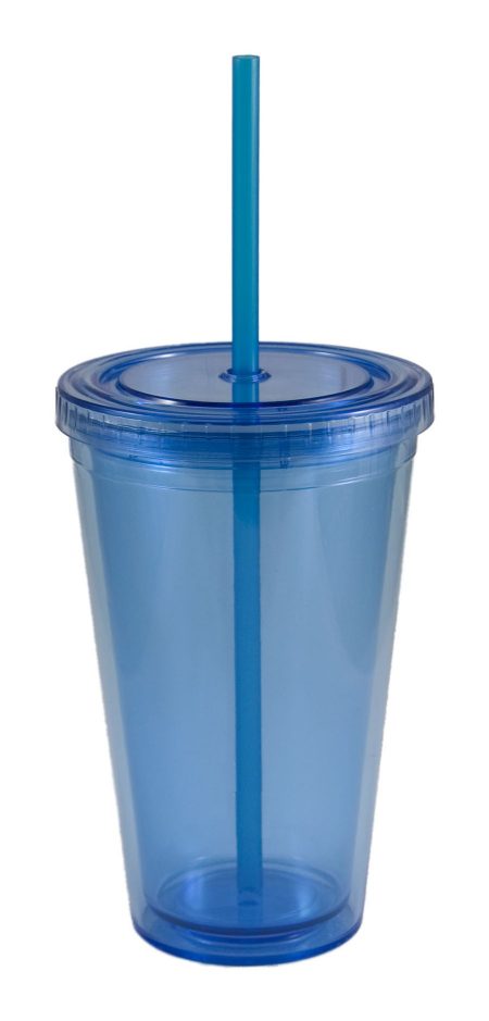 Blue Journey 16oz plastic tumbler with lid and straw