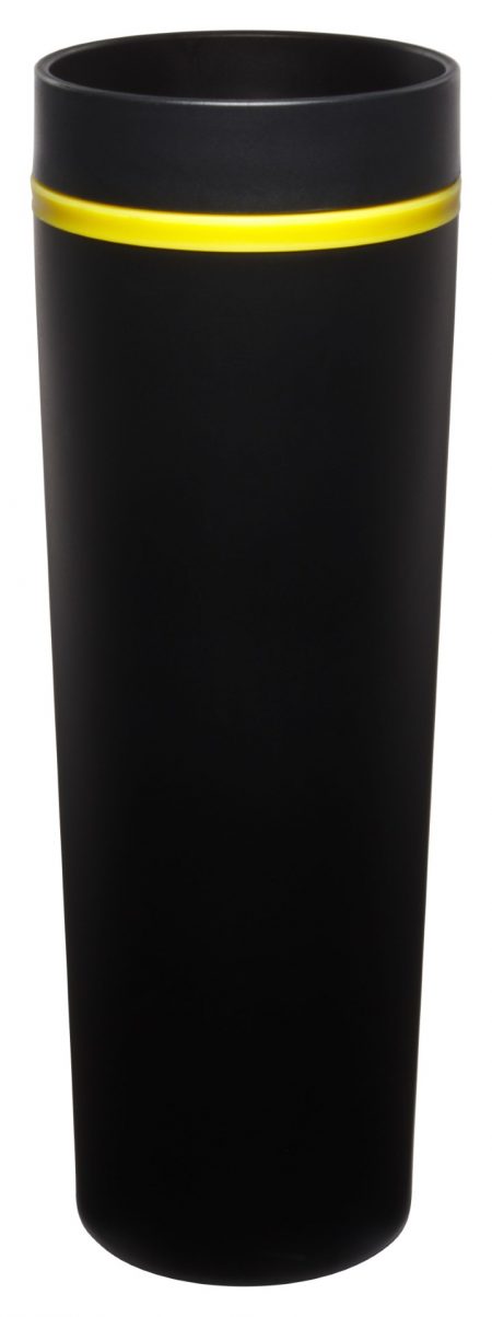 Matte Monterey 16oz black tumbler with lid and yellow trim