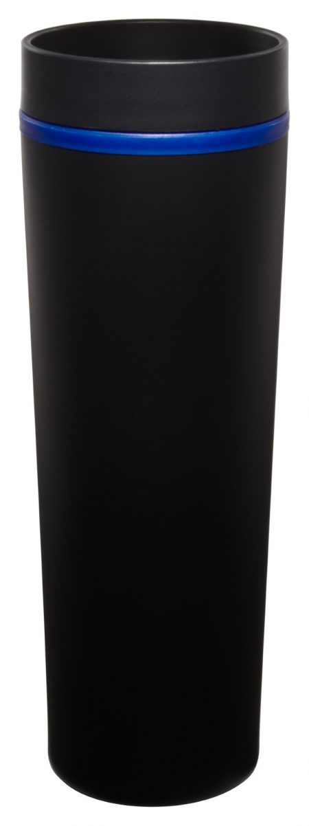 Matte Monterey 16oz black tumbler with lid and blue trim
