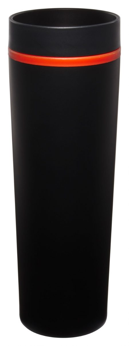 Matte Monterey 16oz black tumbler with lid and orange trim